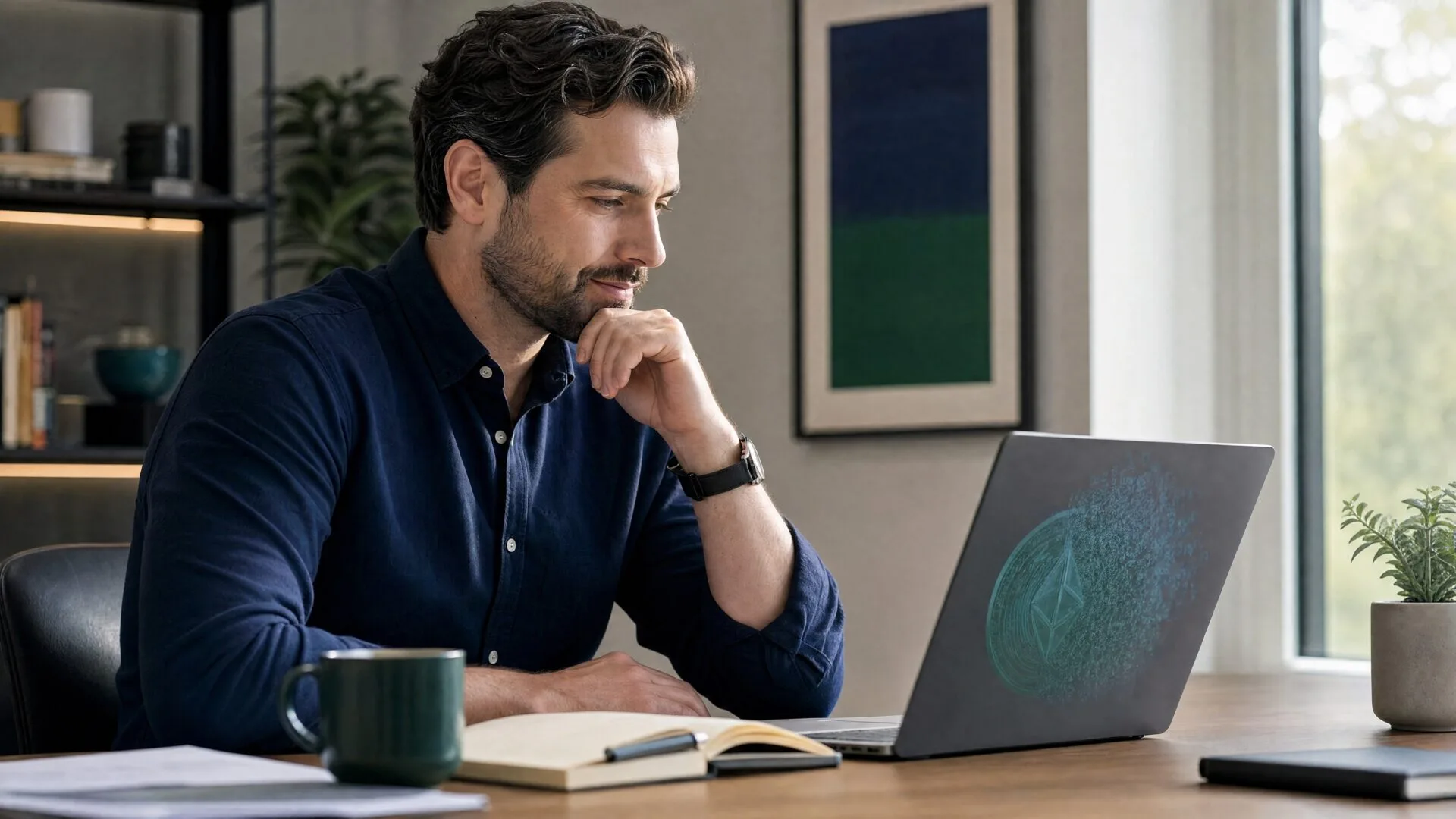 Person in business casual clothing sitting at a desk, looking thoughtfully at a laptop with soft blue and green light reflecting on the screen in a calm home office setting.